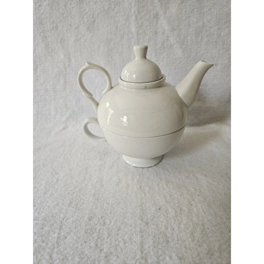 World Market White Tea For One Teapot Cup Set Infuser Ceramic Made In China